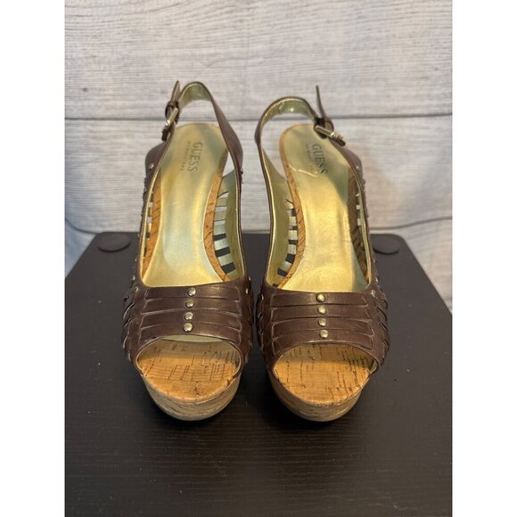 Guess Brown Cork Wedge Heeled Sandals With Adjustable Strap & Studded Detail - Picture 1 of 4